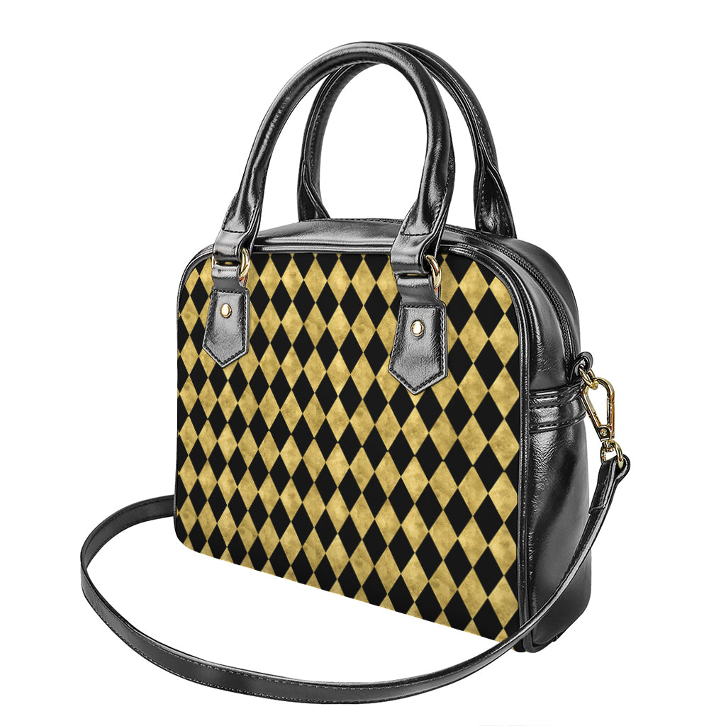Black And Gold Harlequin Pattern Print Shoulder Handbag