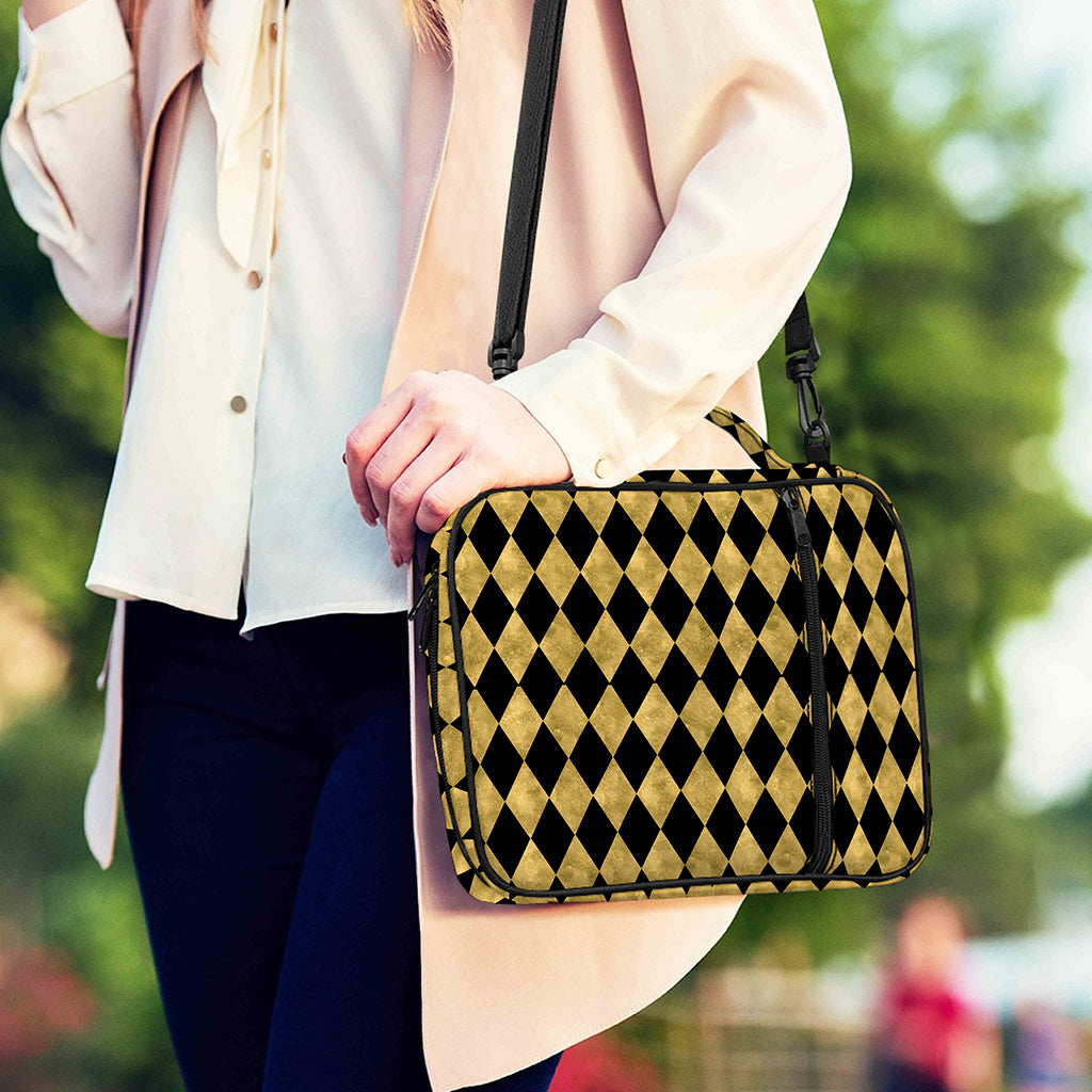 Black And Gold Harlequin Pattern Print Shoulder Strap Bible Bag