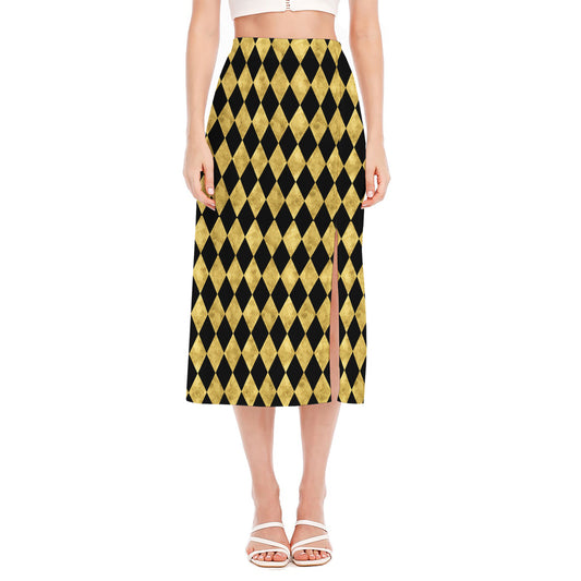 Black And Gold Harlequin Pattern Print Side Slit Midi Skirt