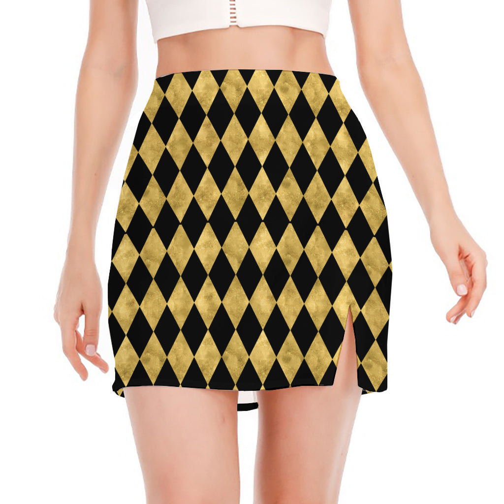 Black And Gold Harlequin Pattern Print Side Slit Mini Skirt