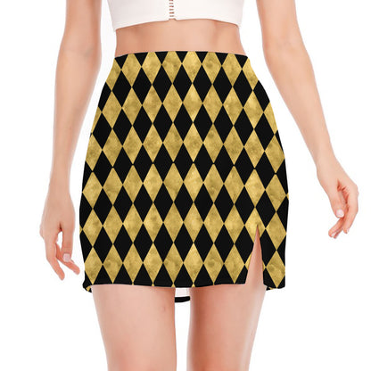 Black And Gold Harlequin Pattern Print Side Slit Mini Skirt