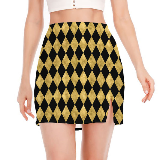 Black And Gold Harlequin Pattern Print Side Slit Mini Skirt