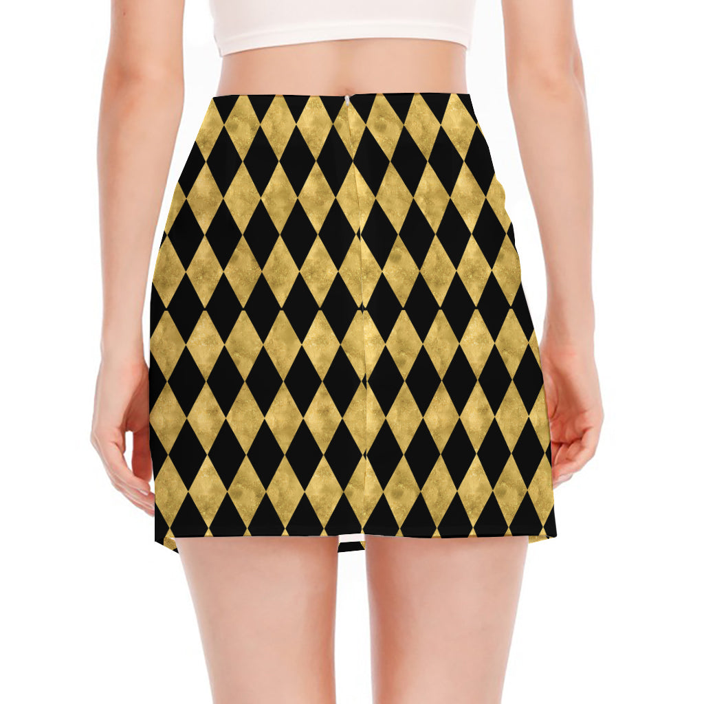 Black And Gold Harlequin Pattern Print Side Slit Mini Skirt