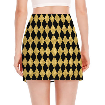 Black And Gold Harlequin Pattern Print Side Slit Mini Skirt