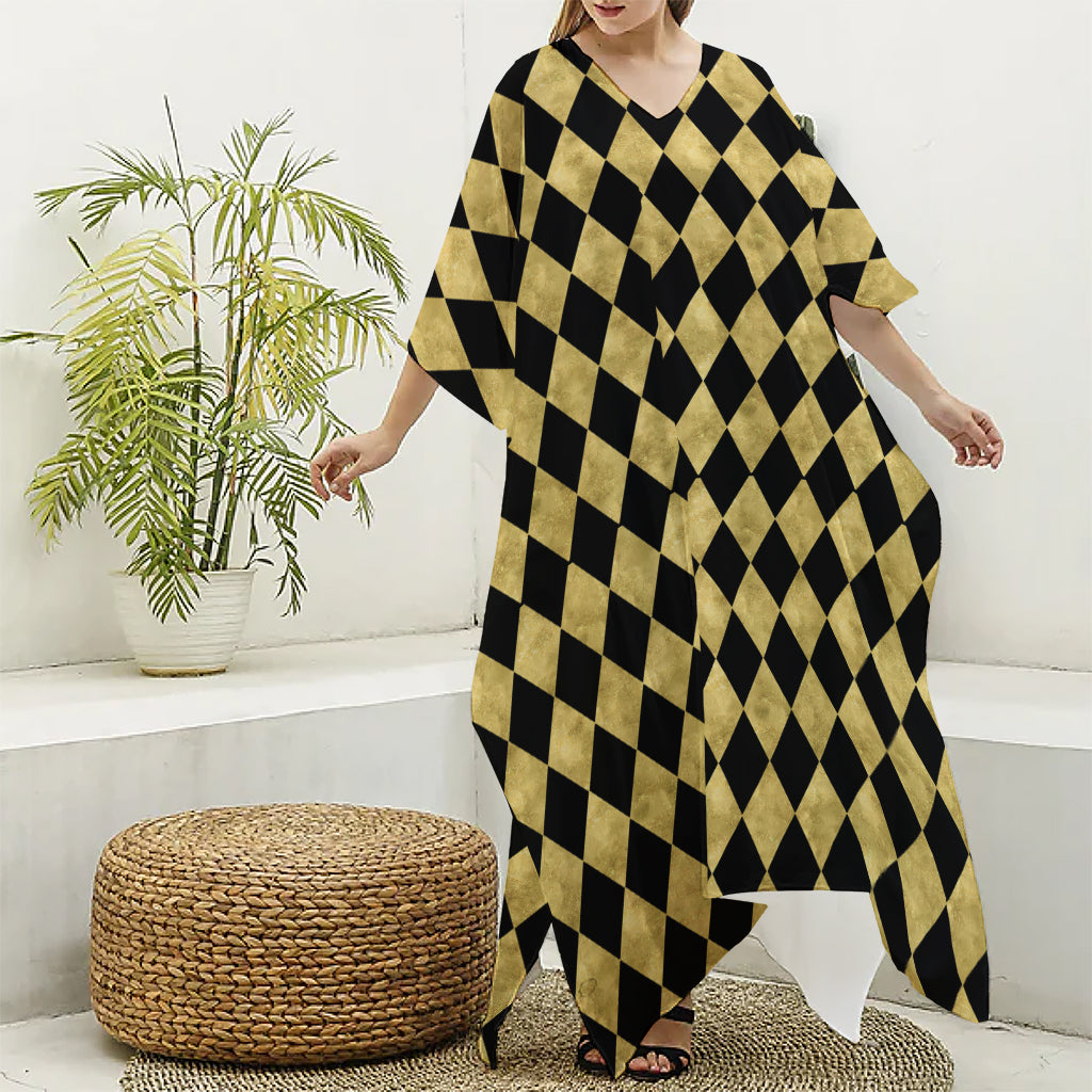 Black And Gold Harlequin Pattern Print Silk V-Neck Kaftan Dress