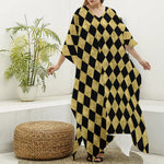 Black And Gold Harlequin Pattern Print Silk V-Neck Kaftan Dress