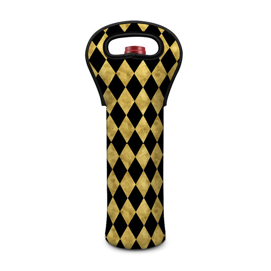 Black And Gold Harlequin Pattern Print Single Neoprene Wine Tote