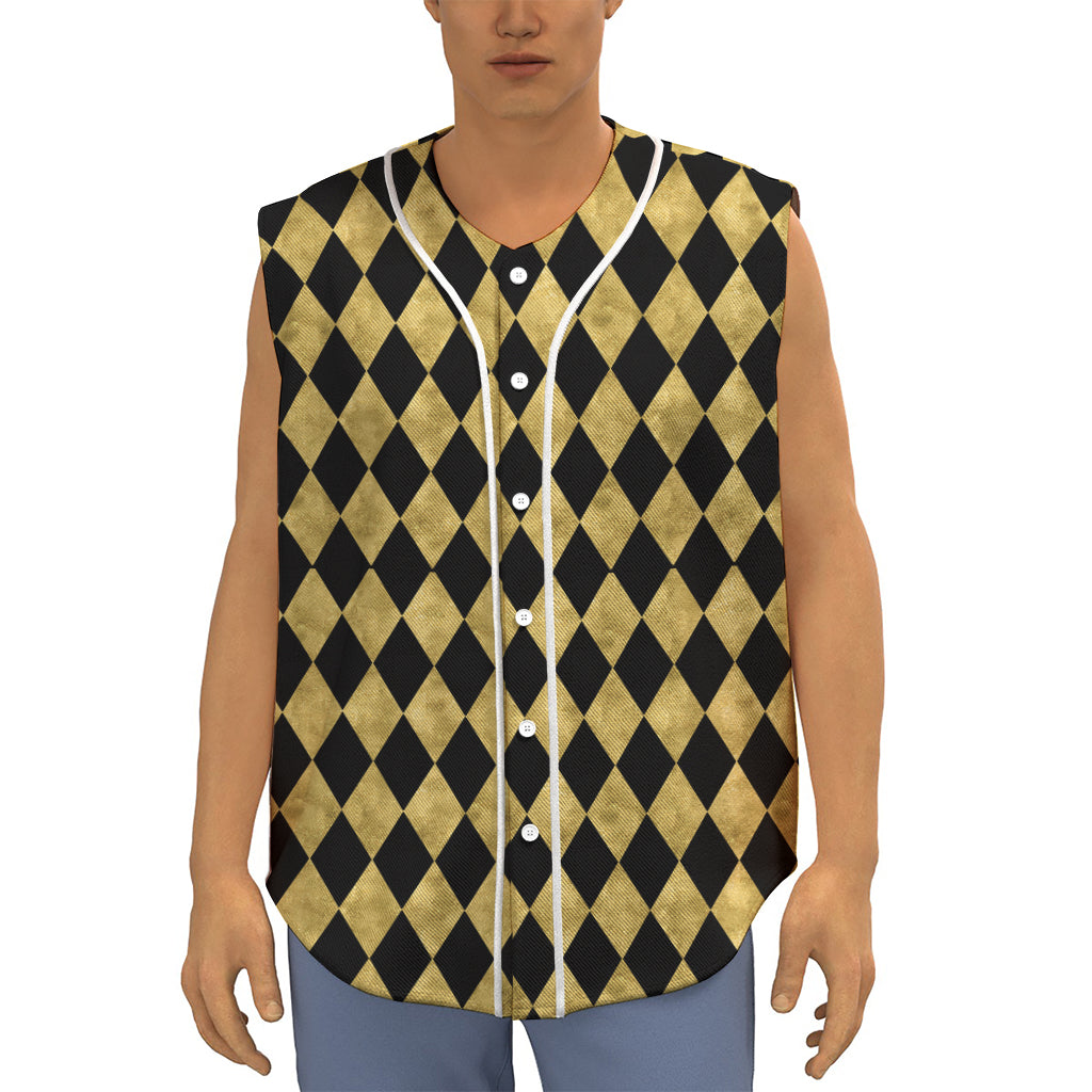 Black And Gold Harlequin Pattern Print Sleeveless Baseball Jersey