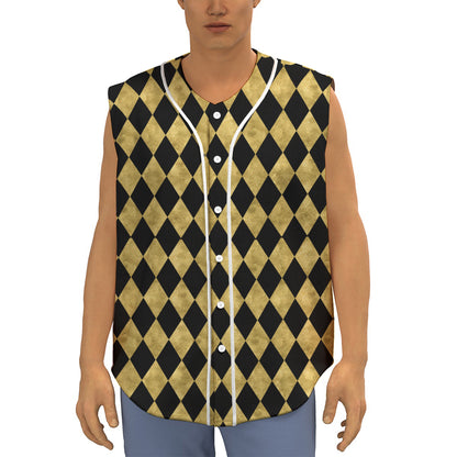 Black And Gold Harlequin Pattern Print Sleeveless Baseball Jersey