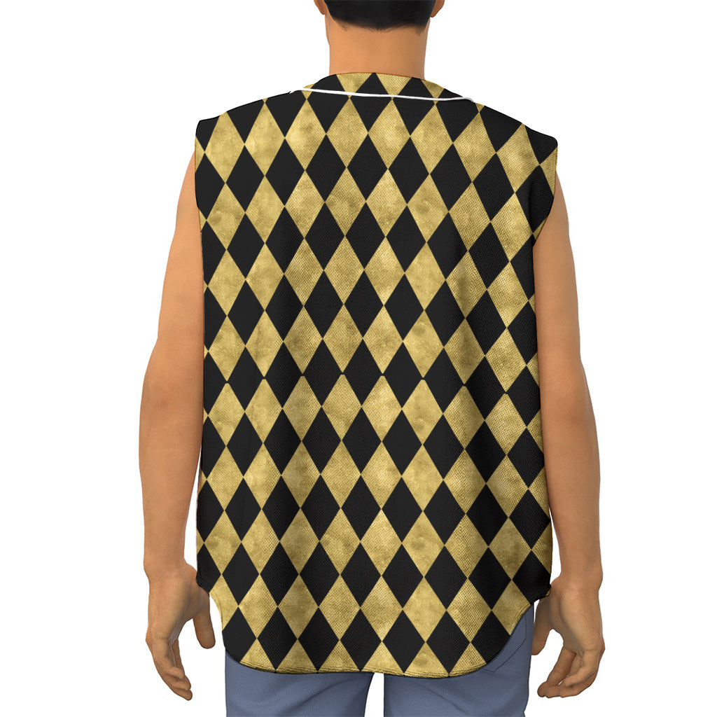 Black And Gold Harlequin Pattern Print Sleeveless Baseball Jersey
