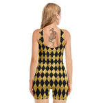 Black And Gold Harlequin Pattern Print Sleeveless One Piece Swimsuit