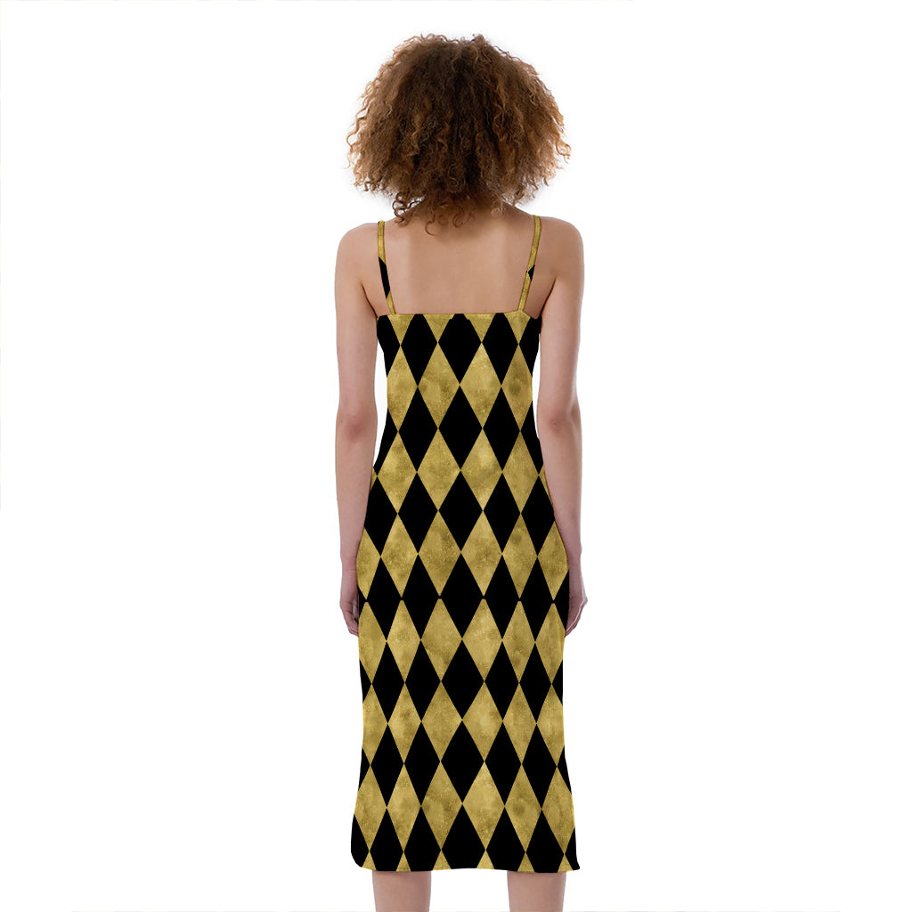 Black And Gold Harlequin Pattern Print Slim Fit Midi Cami Dress