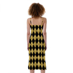 Black And Gold Harlequin Pattern Print Slim Fit Midi Cami Dress
