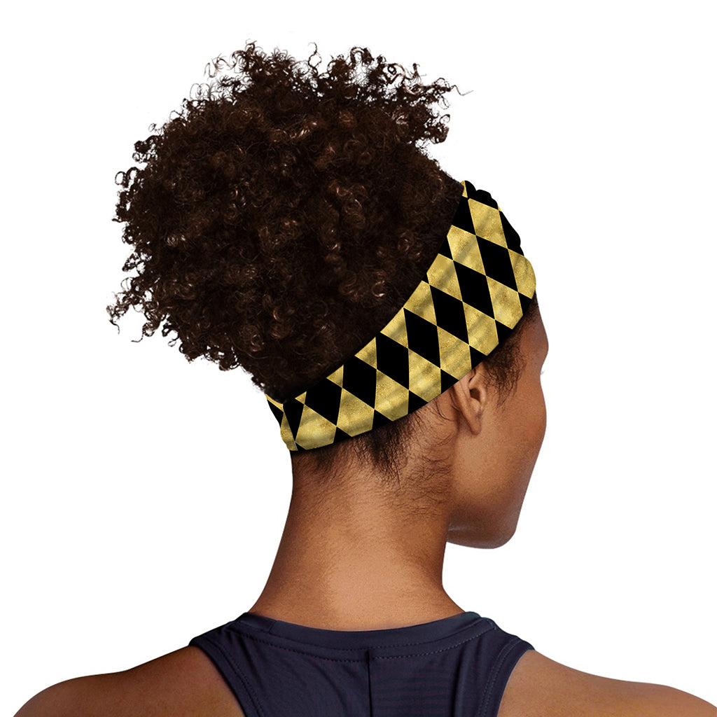 Black And Gold Harlequin Pattern Print Sports Headband