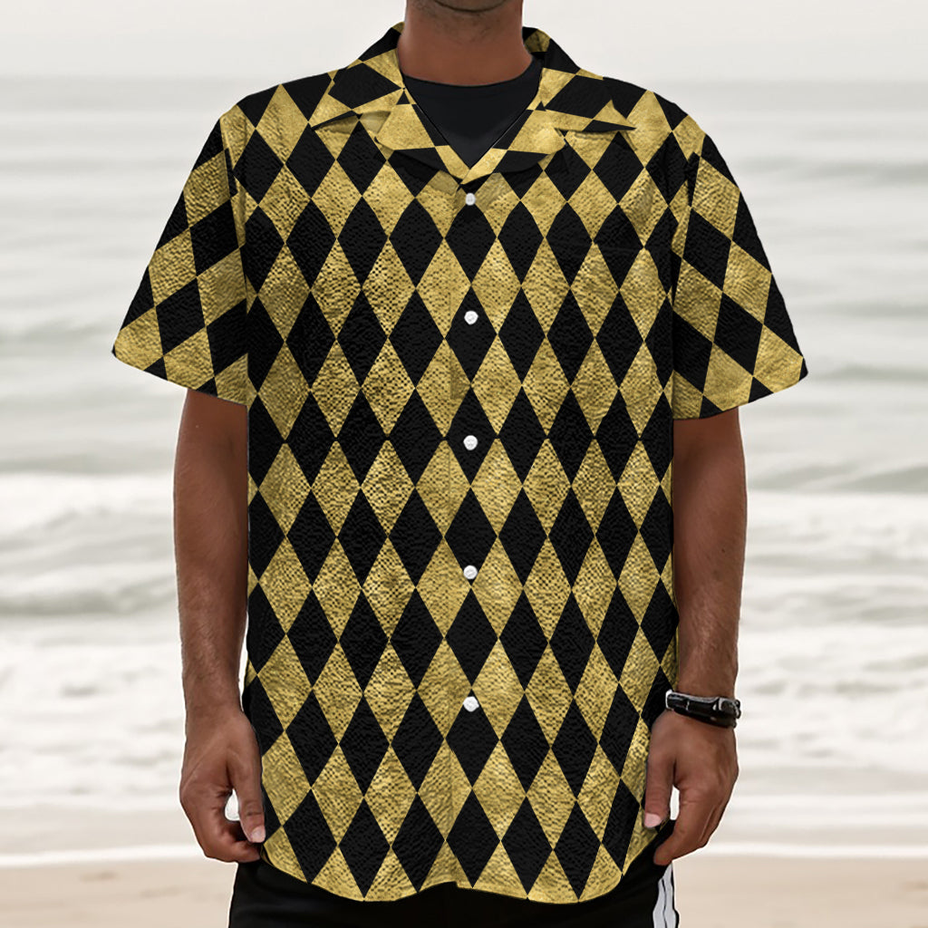 Black And Gold Harlequin Pattern Print Textured Short Sleeve Shirt