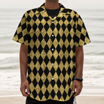 Black And Gold Harlequin Pattern Print Textured Short Sleeve Shirt