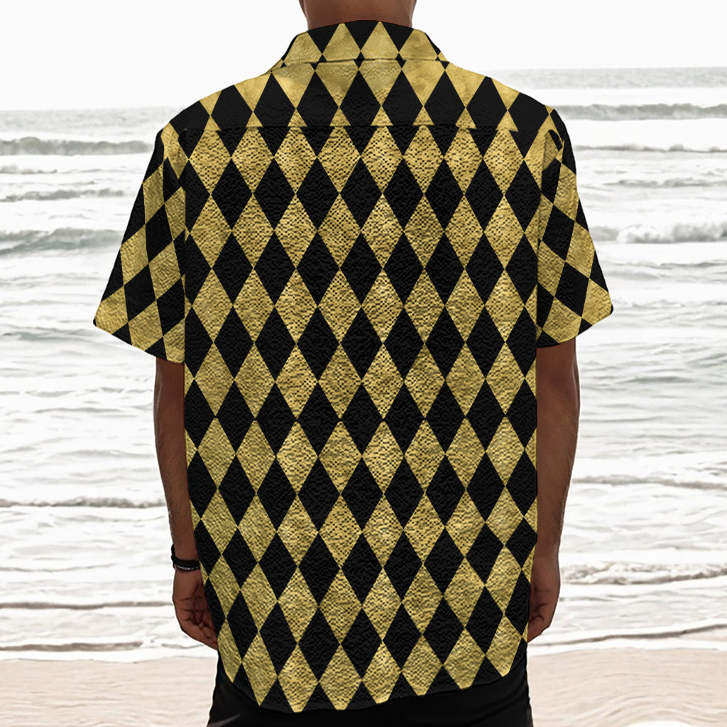 Black And Gold Harlequin Pattern Print Textured Short Sleeve Shirt