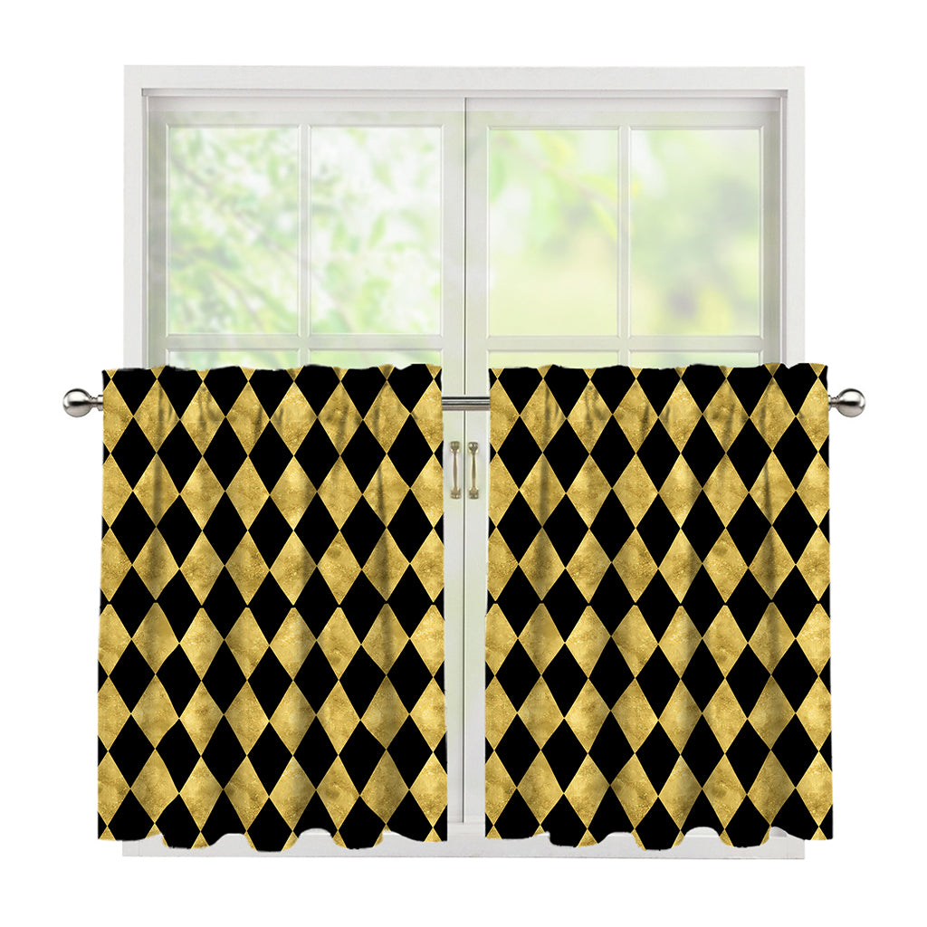 Black And Gold Harlequin Pattern Print Tier Curtains