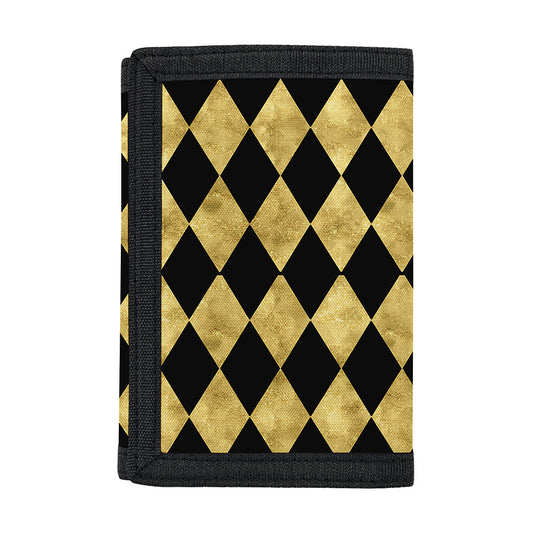 Black And Gold Harlequin Pattern Print Trifold Wallet