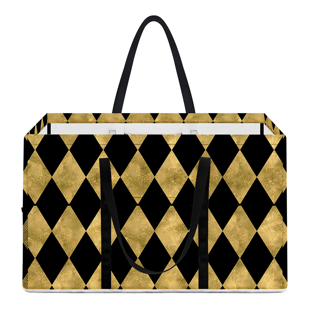 Black And Gold Harlequin Pattern Print Utility Tote Bag