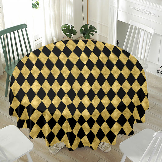 Black And Gold Harlequin Pattern Print Waterproof Round Tablecloth