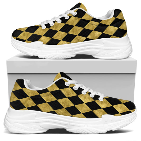 Black And Gold Harlequin Pattern Print White Chunky Shoes