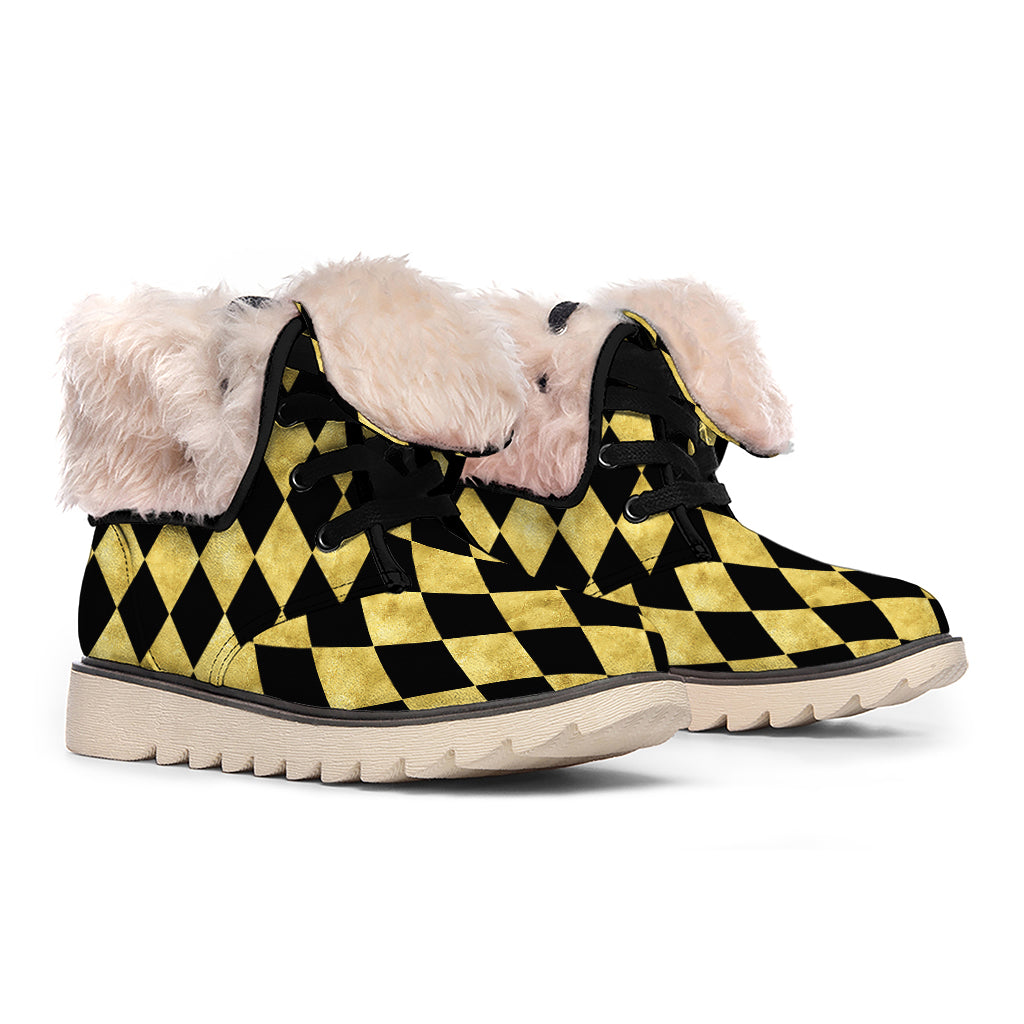 Black And Gold Harlequin Pattern Print Winter Boots