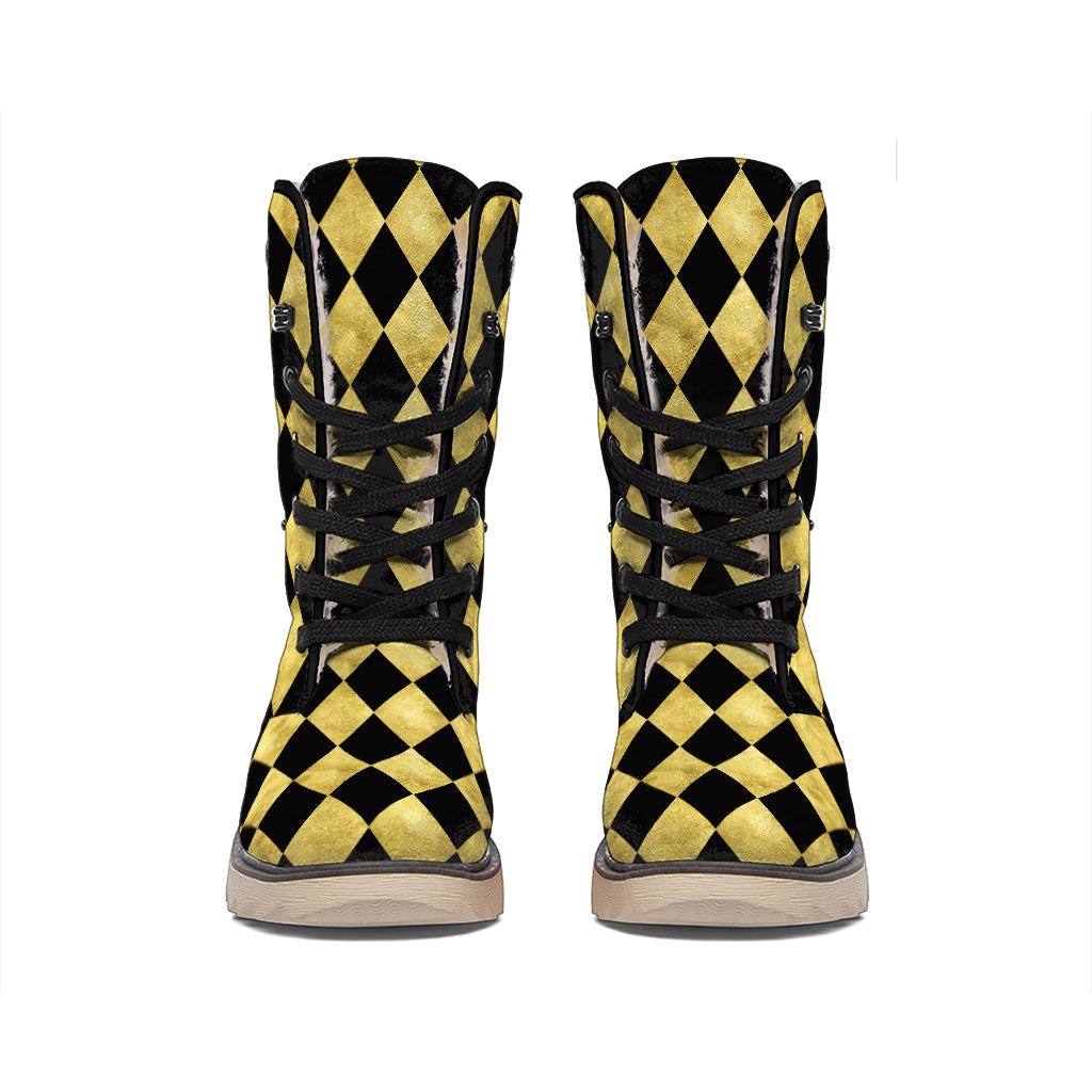 Black And Gold Harlequin Pattern Print Winter Boots