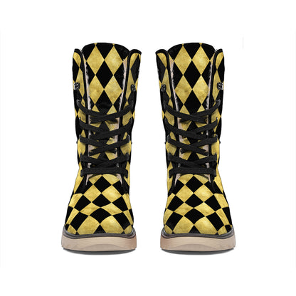 Black And Gold Harlequin Pattern Print Winter Boots