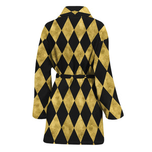 Black And Gold Harlequin Pattern Print Women's Bathrobe