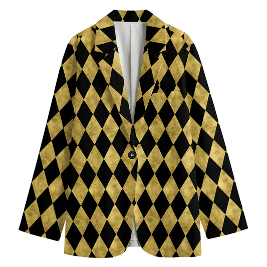 Black And Gold Harlequin Pattern Print Women's Blazer