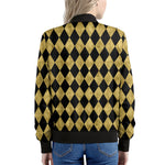 Black And Gold Harlequin Pattern Print Women's Bomber Jacket