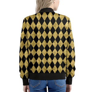 Black And Gold Harlequin Pattern Print Women's Bomber Jacket