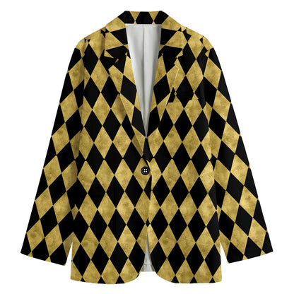 Black And Gold Harlequin Pattern Print Women's Cotton Blazer