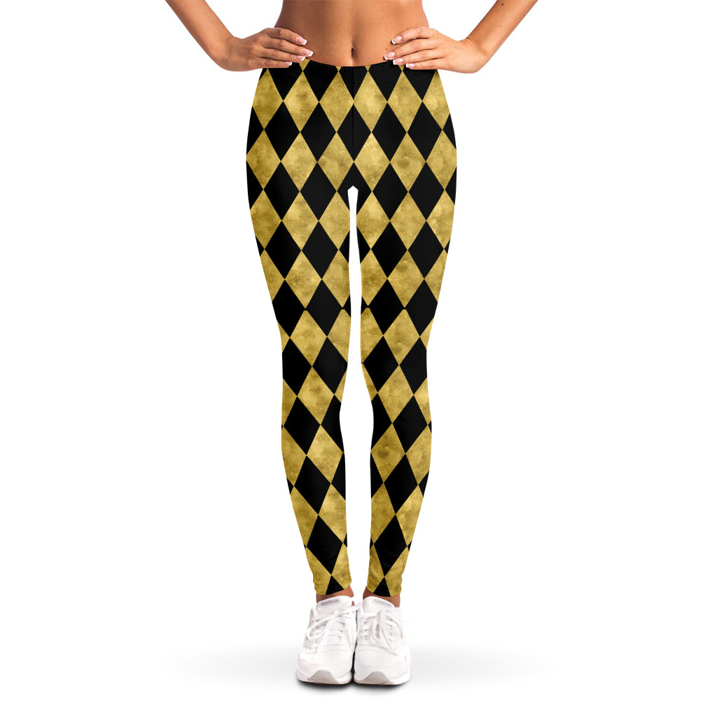 Black And Gold Harlequin Pattern Print Women's Leggings