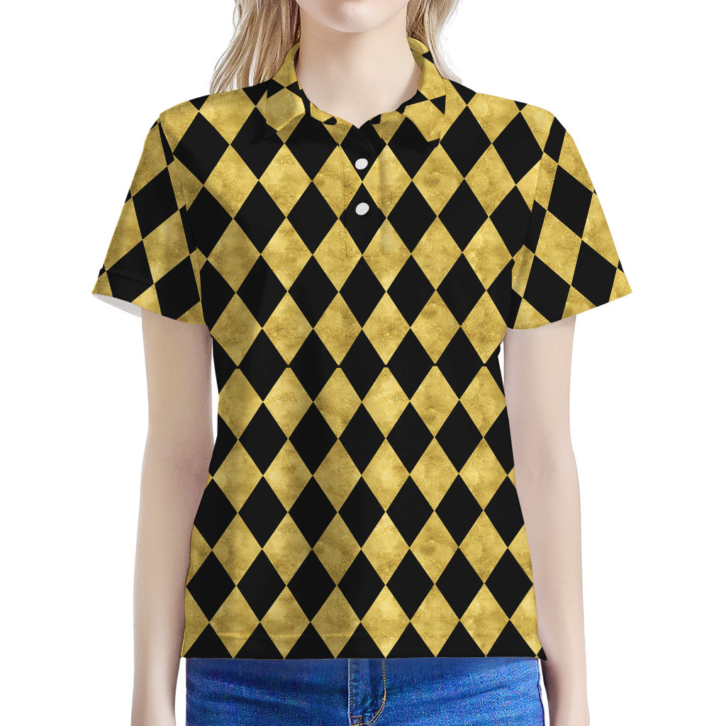 Black And Gold Harlequin Pattern Print Women's Polo Shirt