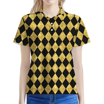 Black And Gold Harlequin Pattern Print Women's Polo Shirt