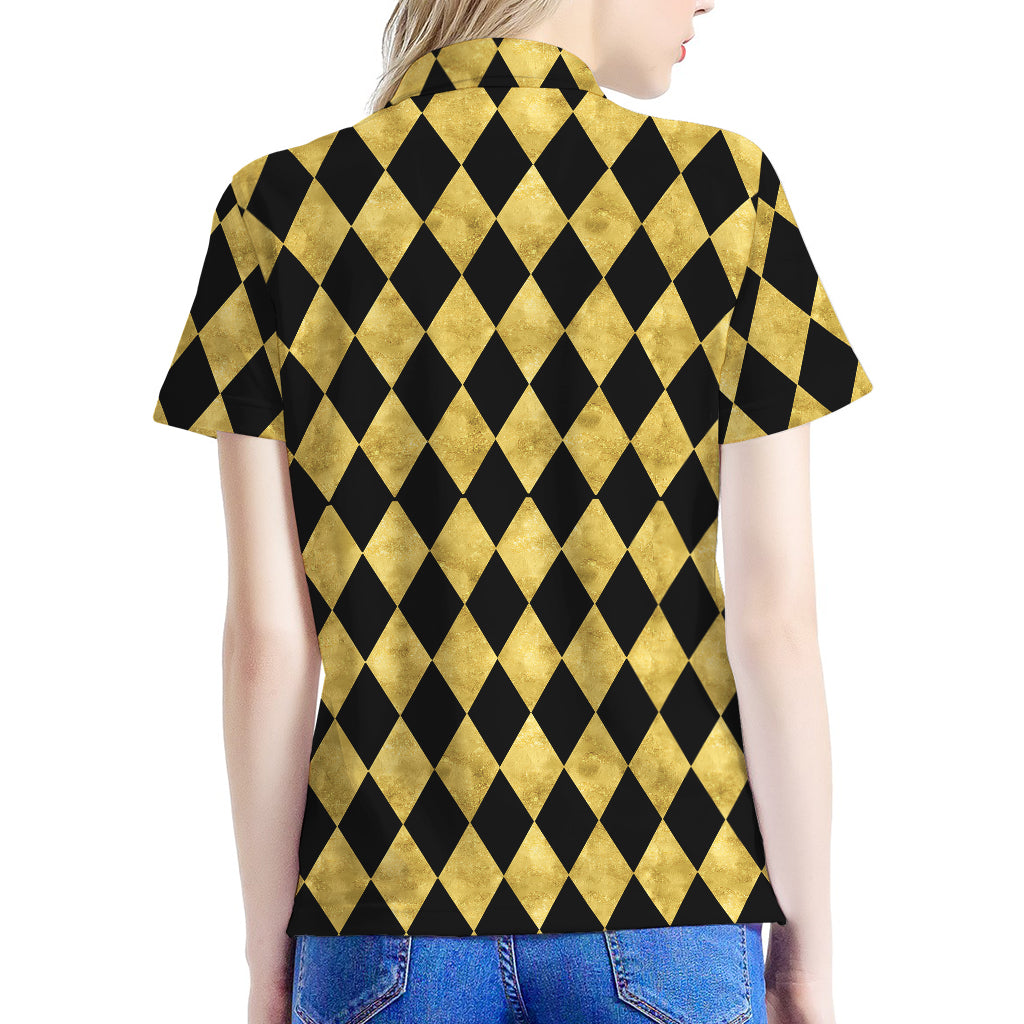 Black And Gold Harlequin Pattern Print Women's Polo Shirt