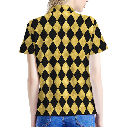 Black And Gold Harlequin Pattern Print Women's Polo Shirt