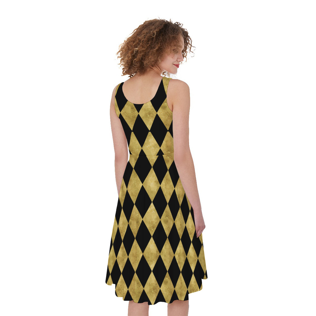 Black And Gold Harlequin Pattern Print Women's Sleeveless Dress