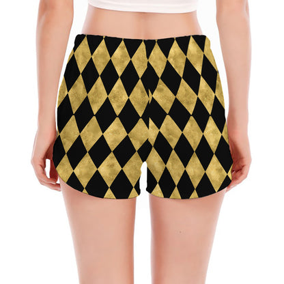 Black And Gold Harlequin Pattern Print Women's Split Running Shorts