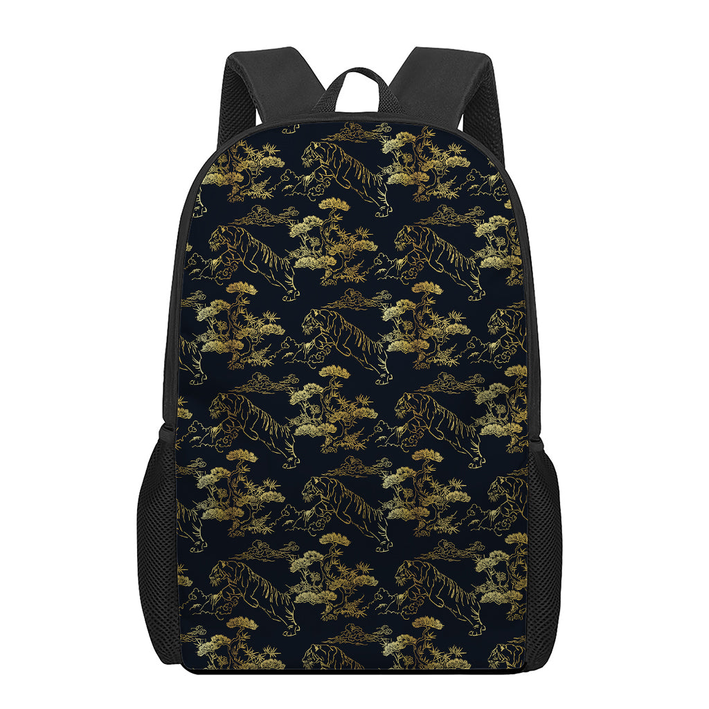 Black And Gold Japanese Tiger Print 17 Inch Backpack