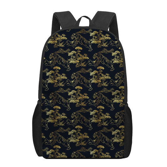 Black And Gold Japanese Tiger Print 17 Inch Backpack