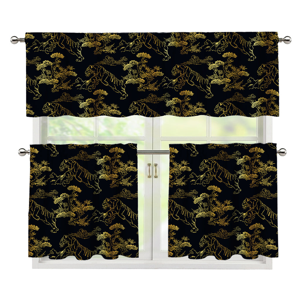 Black And Gold Japanese Tiger Print 3 Piece Kitchen Curtains