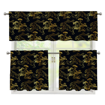 Black And Gold Japanese Tiger Print 3 Piece Kitchen Curtains
