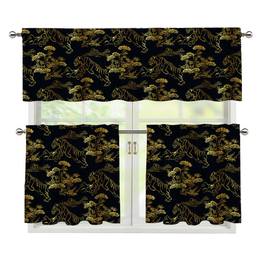 Black And Gold Japanese Tiger Print 3 Piece Kitchen Curtains
