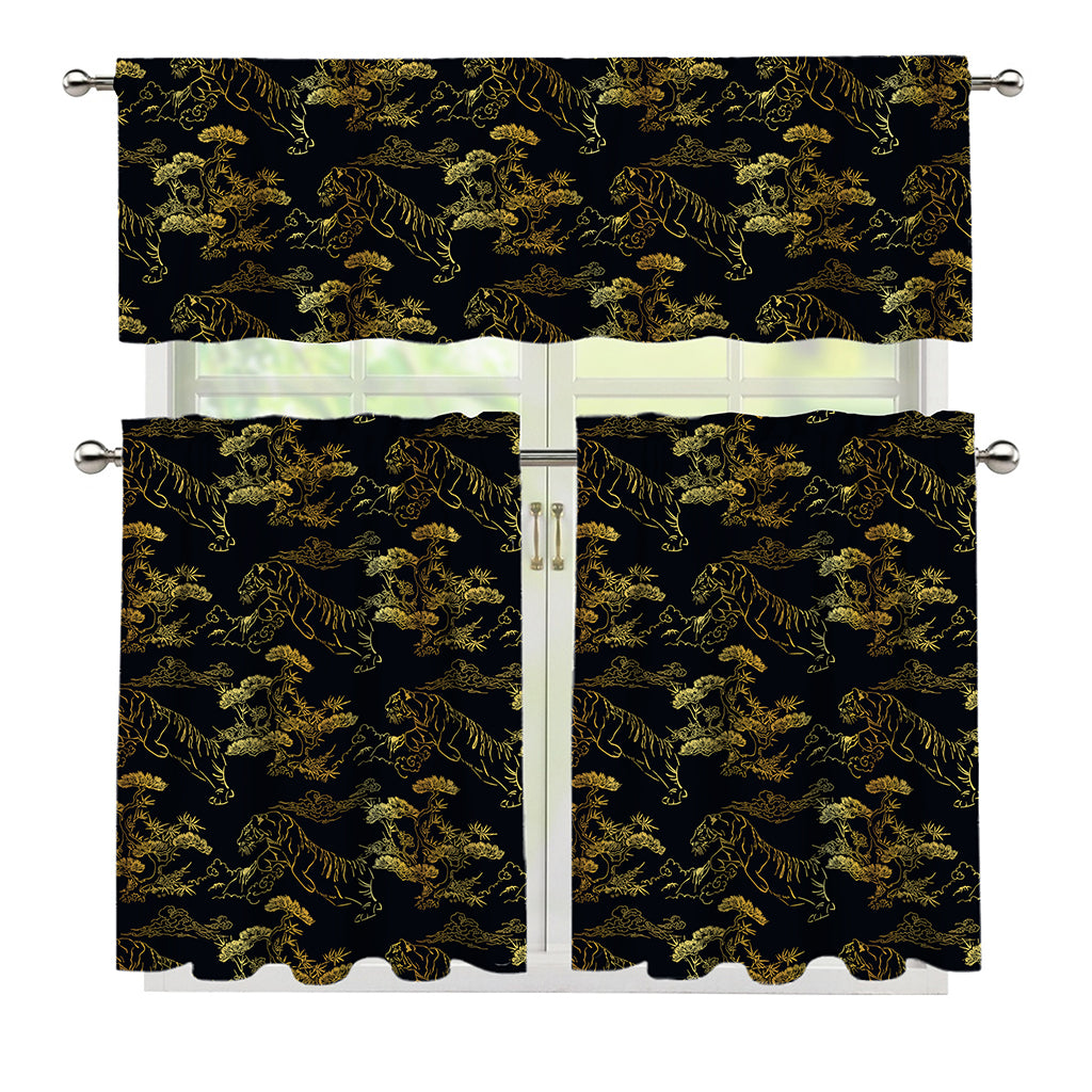 Black And Gold Japanese Tiger Print 3 Piece Kitchen Curtains