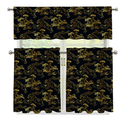Black And Gold Japanese Tiger Print 3 Piece Kitchen Curtains