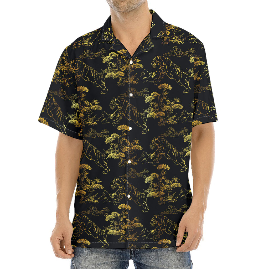Black And Gold Japanese Tiger Print Aloha Shirt