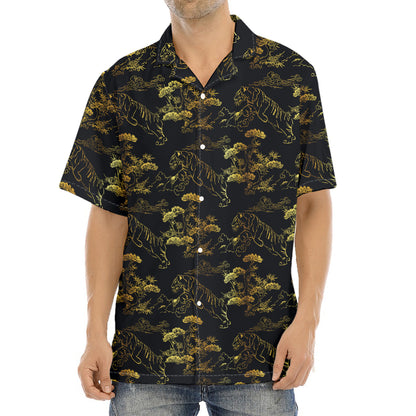 Black And Gold Japanese Tiger Print Aloha Shirt